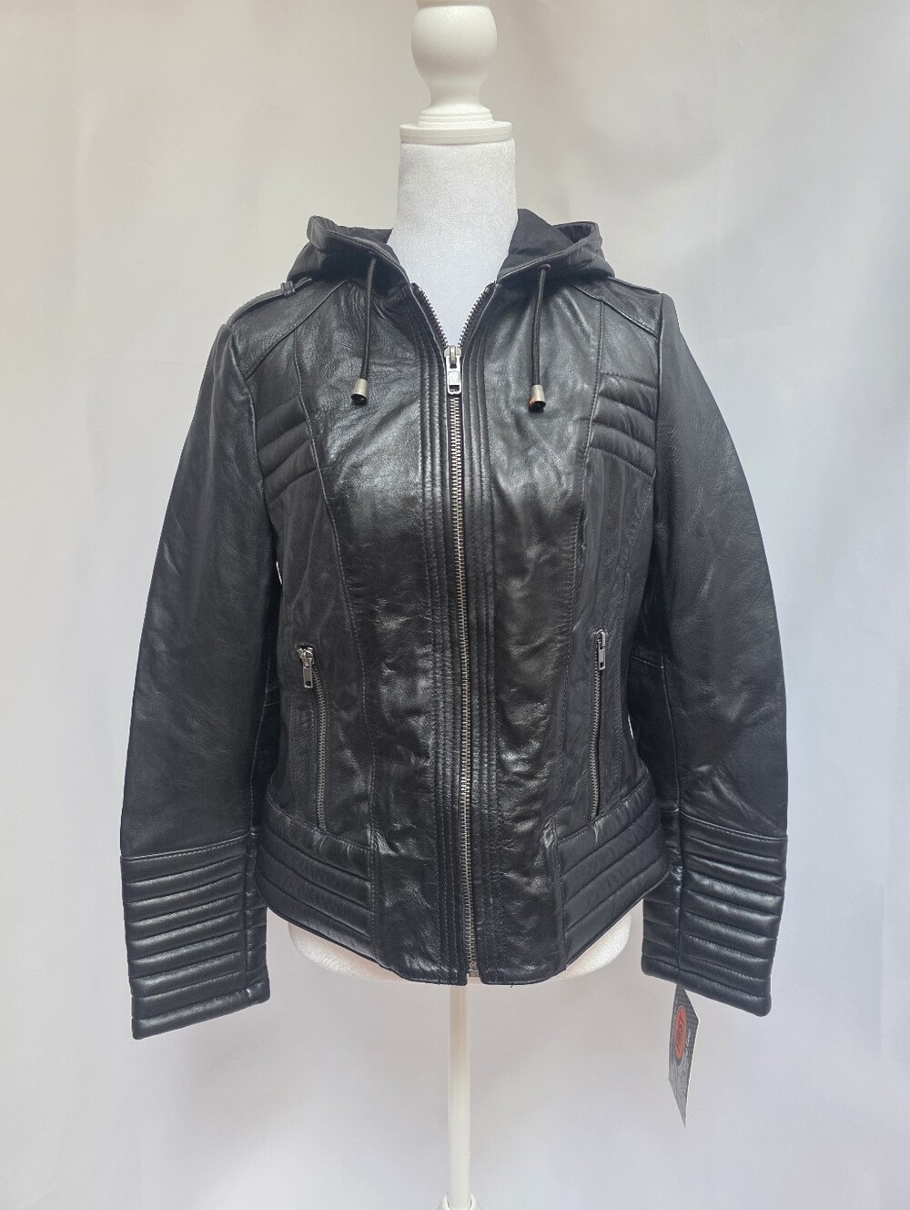 First Classics Women's Genuine Leather Hooded Moto Jacket Black M NWT